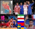 Подиум мужчин греко-96 кг, Ghasem Резаи (Иран), Рустам Totrov (Россия), Джимми Линдберг (Швеция) и Артур Алексанян (Армения), Лондон-2012